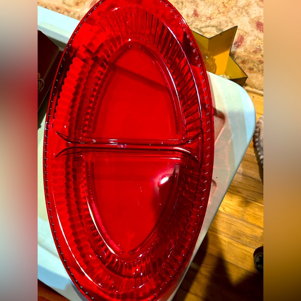 Red and clear three piece Divided Serving Platter set with stand. NIB